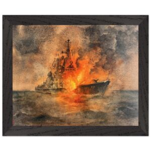 Russian Warship Burning | Premium Wooden Framed Poster With Museum-Quality Matte Paper 20x25 cm
